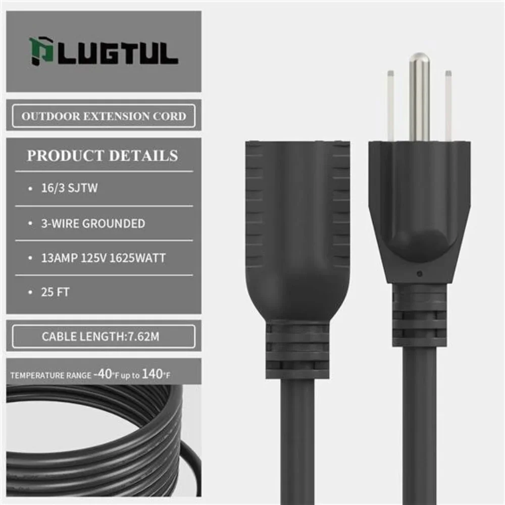 Outdoor Extension Cord 25 FT Waterproof, 16/3 Gauge Black Heavy Duty 3 Prong